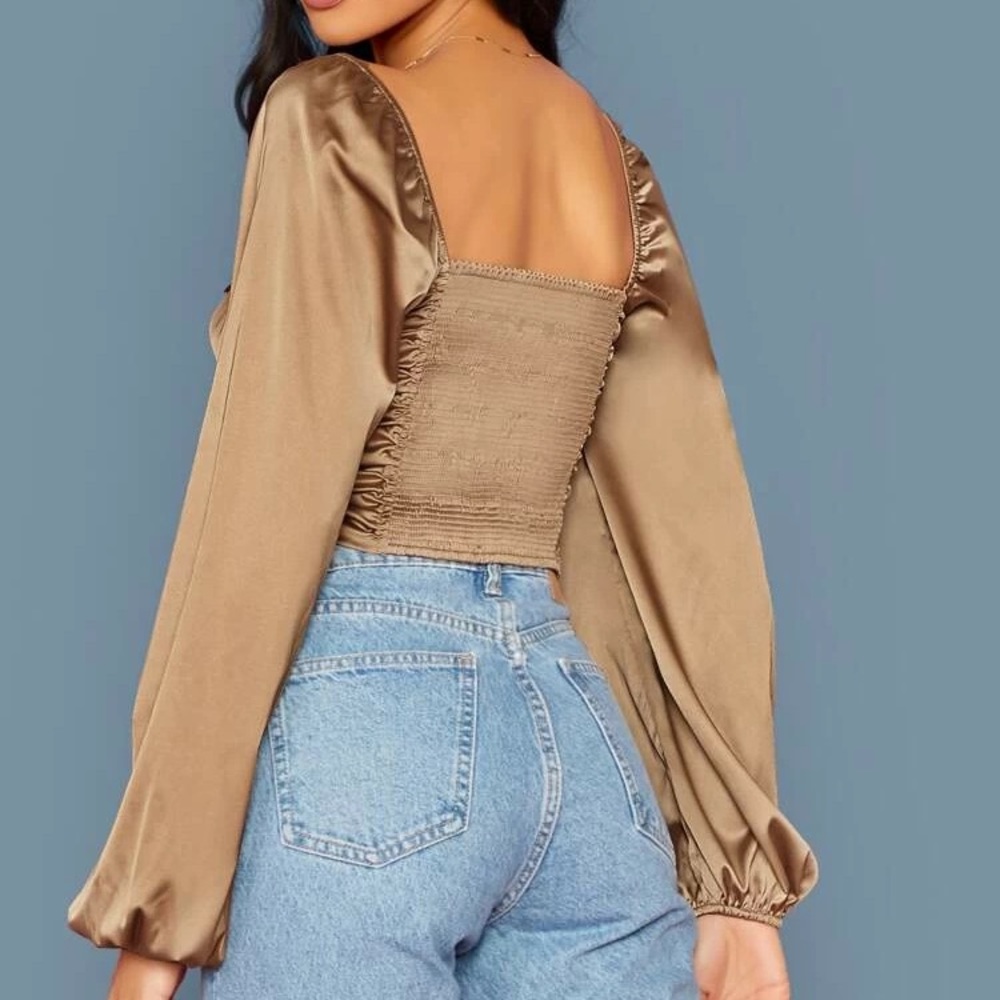 Drawstring Ruched Front Shirred Back Satin Top - Picture 2 of 9